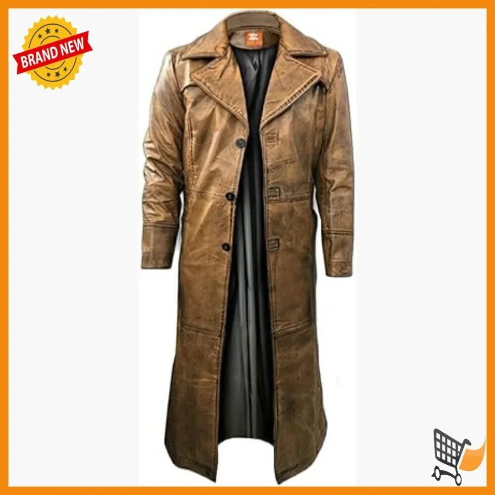 Men's Distressed Leather Trench Coat, Vintage Style, Below Knee Length